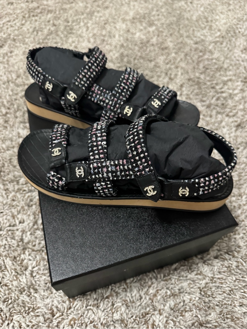 CHANEL Black Tweed Platform Sport Sandals with Logo Accents - Picture 1 of 4